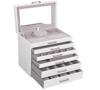 SONGMICS Schmuckkästchen 6 Ebenen, Schmuckkasten mit großem Spiegel, Schmuckschatulle, 5 Schubladen, sehr viel Stauraum, Schmuckaufbewahrung, modern, Geschenkidee, wolkenweiß JBC138