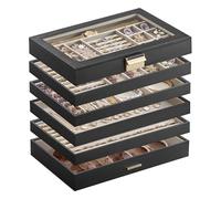SONGMICS Schmuckkästchen 6 Ebenen, Schmucktablett stapelbar, Schmuckkasten groß, Schmuckbox mit Glasdeckel, 17 x 28 x 25,3 cm, Schmuckeinsatz für Schubladen, Geschenkidee, schwarz JBC195B01