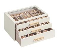 SONGMICS Schmuckkästchen mit 3 Ebenen, Glasfenster, Schmuck-Organizer mit 3 Schubladen, Griffen, für Ringe, Ohrringe, Armbänder, Geschenkidee, 16 x 24 x 12,5 cm, Cremeweiß JBC206WD01