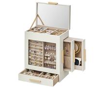 SONGMICS Schmuckkästchen mit Glasfenster, 5-lagiger Schmuck-Organizer mit 3 seitlichen Schubladen, Schmuckaufbewahrung, mit großem Spiegel, modern, 13 x 20 x 24 cm, Wolkenweiß und Metallic-Gold