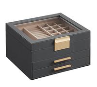 SONGMICS Schmuckkästchen, Schmuckkasten 3 Ebenen, Schmuckbox mit Glasdeckel, 2 Schubladen, Schmuckaufbewahrung, Stauraum, modern, Geschenkidee, 20,3 x 23,1 x 13,5 cm, interstellargrau-golden JBC239G02