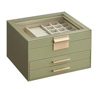 SONGMICS Schmuckkästchen, Schmuckkasten 3 Ebenen, Schmuckbox mit Glasdeckel, 2 Schubladen, Schmuckaufbewahrung, Stauraum, modern, Geschenkidee, 20,3 x 23,1 x 13,5 cm, avocadogrün-golden JBC239C02