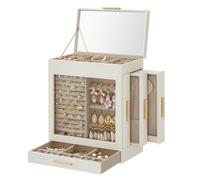 SONGMICS Schmuckkästchen, Schmuckkasten 5 Ebenen, Schmuckbox, Glasfenster, seitliche Schubladen, großer Spiegel, Schmuckaufbewahrung, 15,5 x 26,1 x 32 cm, wolkenweiß-metallisches Gold JBC162W01