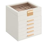 SONGMICS Schmuckkästchen, Schmuckkasten 6 Ebenen, Schmuckbox mit Glasdeckel, 5 Schubladen, Schmuckaufbewahrung, Stauraum, modern, Geschenkidee, 20,3 x 23,1 x 22,8 cm, wolkenweiß-golden JBC176W01