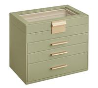 SONGMICS Schmuckkästchen, Schmuckkasten mit 4 Ebenen, Schmuckbox mit Glasdeckel, 3 Schubladen, für Sonnenbrillen, große Schmuckstücke, Schmuckaufbewahrung, modern, lorbeergrün-golden JBC161C02