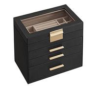 SONGMICS Schmuckkästchen, Schmuckkasten mit 4 Ebenen, Schmuckbox mit Glasdeckel, 3 Schubladen, für Sonnenbrillen, große Schmuckstücke, Schmuckaufbewahrung, modern, graphitschwarz-golden JBC161B02