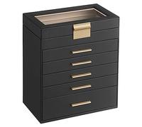 SONGMICS Schmuckkästchen, Schmuckkasten mit 6 Ebenen, Schmuckbox mit Glasdeckel, 5 Schubladen, für Sonnenbrillen, große Schmuckstücke, Schmuckaufbewahrung, modern, graphitschwarz-golden JBC171B01