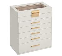 SONGMICS Schmuckkästchen, Schmuckkasten mit 6 Ebenen, Schmuckbox mit Glasdeckel, 5 Schubladen, für Sonnenbrillen, große Schmuckstücke, Schmuckaufbewahrung, modern, wolkenweiß-golden JBC171W01