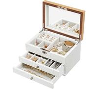Mömax Schmuckkästchen Weiß/Nussbaumfarben , Weiß/Nussbaumfarben , Weiß, Nussbaumfarben , Holz, Glas , Paulownia , 25x15x17 cm , Melamin , Schubladen herausnehmbar , 002543034809