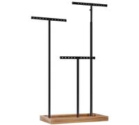 SONGMICS Schmuckständer, 2-in-1, Schmuckständer mit 3 T-Stangen aus Metall, mit Löchern, Tablett, höhenverstellbar, für Halsketten, Armbänder, Ohrringe, rustikales Braun und Schwarz JJS016B01