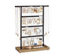 SONGMICS Schmuckständer, 4 Stangen, Kettenständer, Holz-Sockel | Schmuckaufbewahrung mit Schmucktablett, für Ohrringe, Ohrstecker, Glam-Stil, tintenschwarz-tan, CAELEY Kollektion JJS019B01