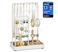 SONGMICS Schmuckständer, Metallrahmen, Schmucktablett Samt, für Halsketten | Schmuckhalter, Schmuckaufbewahrung für Armbänder, Ohrringe, Ohrstecker, Ringe, Mattweiss, CAELEY Kollektion JJS021W01