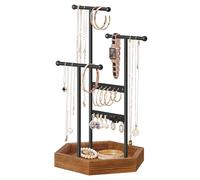 SONGMICS Schmuckständer, Schmuckhalter, 4 getrennte Bereiche, Ohrringhalter aus Metall, Schmuckaufbewahrung für Halsketten Armbänder Ohrringe, Geschenkidee, schwarz-karamellbraun JJS03CB