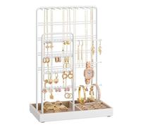 SONGMICS Schmuckständer, Schmuckhalter, Metallrahmen, Schmucktablett Samt, Schmuckaufbewahrung für Halsketten Armbänder Ohrringe Ohrstecker Ringe, Geschenkidee, mattweiß-kamelbraun JJS028W01