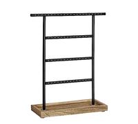 SONGMICS Schmuckständer, Schmuckhalter mit Schmucktablett, 4 Stangen, Kettenständer, Holz-Sockel, Schmuckaufbewahrung für Ohrringe, Ohrstecker, Vintage-Stil, weihnachten, holzfarben-schwarz JJS019B01