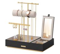 SONGMICS Schmuckständer, Schmuckhalter, Ohrringhalter Metall, Schmucktablett mit Spiegel, Schmuckaufbewahrung für Halsketten Armbänder Ohrringe Ringe, Geschenkidee, goldfarben-schwarz JJS022B01