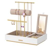 SONGMICS Schmuckständer, Schmuckhalter, Ohrringhalter Metall, Schmucktablett mit Spiegel, Schmuckaufbewahrung für Halsketten Armbänder Ohrringe Ringe, Geschenkidee, weiß-goldfarben JJS022W01