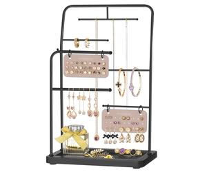 SONGMICS Schmuckständer, Schmuckhalter, Schmuckaufbewahrung aus Metall, 2 kleine Ohrring-Organizer, 6 Hängestangen, für Halsketten, Ohrringe, Armbänder, Ringe, tintenschwarz JJS024B01