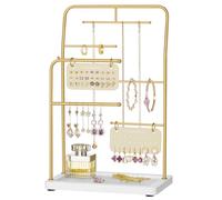 SONGMICS Schmuckständer, Schmuckhalter, Schmuckaufbewahrung, Metallrahmen, 2 kleine Ohrring-Organizer, 6 Hängestangen, für Halsketten, Ohrringe, Armbänder, Ringe, metallisches Gold JJS024A01
