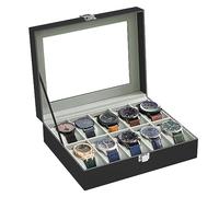 SONGMICS Uhrenbox, 10 Fächer, mit Glasdeckel, aus PU-Leder