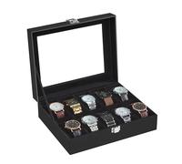 SONGMICS Uhrenbox mit 10 Fächern, Uhrenkasten, Glasdeckel, Uhrenkoffer, herausnehmbare Uhrenkissen, Metallverschluss, Geschenkidee, PU-Bezug in Schwarz, Innenfutter in Schwarz JWB010B02