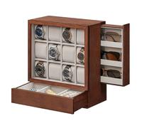 SONGMICS Uhrenbox 12 Fächer, Uhrenkasten mit Fenster, Uhren-Präsentation, Massivholzfurnier Braun