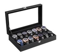 SONGMICS Uhrenbox, 14 Fächer, mit Glasdeckel, aus PU-Leder