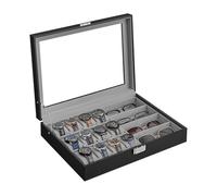 SONGMICS Uhrenbox, abschließbarer Uhrenkasten, Uhrenkoffer, Organizer für Uhren, mit 16 Fächern, Glasdeckel, Geschenk für die Liebsten, PU-Bezug in Schwarz, Samtfutter in Taubengrau JWB112G01