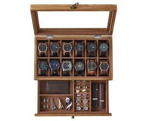 Songmics Uhrenbox für 12 Uhren Paulownia-Holz Walnuss