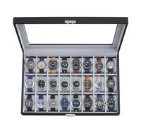 SONGMICS Uhrenbox für 24 Uhren, großes Uhrenkasten, Glasoberfläche, schwarz, Kunstleder, UJWB024