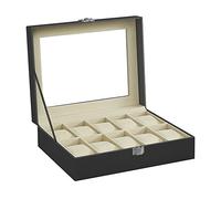 SONGMICS Uhrenbox mit 10 Fächern, Uhrenkasten, Glasdeckel, Uhrenkoffer, herausnehmbare Uhrenkissen, Metallverschluss, Geschenkidee, weihnachten, PU-Bezug in Schwarz, Innenfutter in Beige JWB010