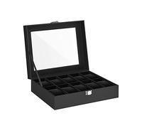 SONGMICS Uhrenbox mit 10 Fächern, Uhrenkasten, Glasdeckel, Uhrenkoffer, herausnehmbare Uhrenkissen, Metallverschluss, Geschenkidee, PU-Bezug in Schwarz, Innenfutter in Schwarz JWB010B02