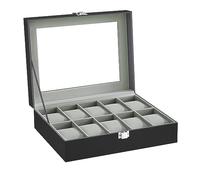 SONGMICS Uhrenbox mit 10 Fächern, Uhrenkasten mit Glasdeckel, Uhrenkoffer mit Herausnehmbaren Uhrenkissen, SAMT-Innenfutter, Metallverschluss, aus PU, Schwarz JWB010BK