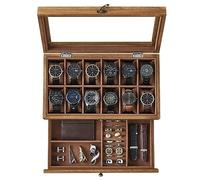 SONGMICS Uhrenbox mit 12 Fächern, aus Massivholz, mit Glasdeckel