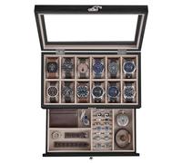 SONGMICS Uhrenbox mit 12 Fächern, aus Massivholz, mit Glasdeckel