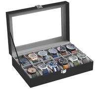 SONGMICS Uhrenbox mit 12 Fächern, Uhrenkasten, Glasdeckel, Uhrenkoffer mit herausnehmbaren Uhrenkissen, Premium-Uhrenschatulle, PU-Bezug in Schwarz, Samtfutter in Grüngrau JWB12BK