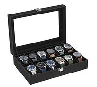 SONGMICS Uhrenbox mit 12 Fächern, Glasdeckel, PU-Bezug