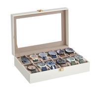 SONGMICS Uhrenbox mit 12 Fächern, Glasdeckel, PU-Bezug | Uhrenkoffer mit herausnehmbaren Uhrenkissen, Samtfutter, Kamelbraun und Weiß, BRIDIE Kollektion JWB120W01