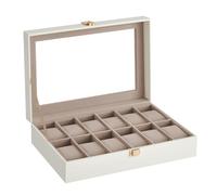 SONGMICS Uhrenbox mit 12 Fächern, Uhrenbox, Schatulle, Glasdeckel, abnehmbare Polster, Schloss aus Metall, Beschichtung in Wolkenweiß und Futter in Cappuccino-Beige JWB120W01