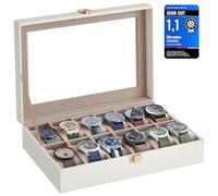 SONGMICS Uhrenbox mit 12 Fächern, Uhrenbox, Schatulle, Glasdeckel, abnehmbare Polster, Schloss aus Metall, Beschichtung in Wolkenweiß und Futter in Cappuccino-Beige JWB120W01