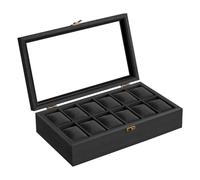 SONGMICS Uhrenbox mit 12 Fächern, Uhrenkasten aus Massivholz, mit Glasdeckel, Uhrenkissen, Geschenk für Ihre Liebsten, schwarz JOW120B02