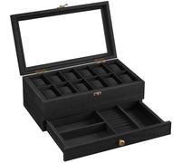 SONGMICS Uhrenbox mit 12 Fächern, Uhrenkasten aus Massivholz, mit Glasdeckel, Uhrenkissen, Schmuckaufbewahrung, Geschenk für Ihre Liebsten, weihnachten, schwarz JOW012B02