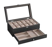 SONGMICS Uhrenbox mit 12 Fächern, Uhrenkasten aus Massivholz, mit Glasdeckel, Uhrenkissen, Schmuckaufbewahrung, Geschenk für Ihre Liebsten, weihnachten, ebenholzschwarz JOW012B01