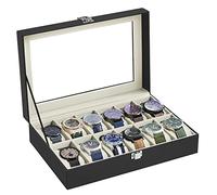 SONGMICS Uhrenbox mit 12 Fächern, Uhrenkasten, Glasdeckel, Uhrenkoffer, herausnehmbare Uhrenkissen, Metallverschluss, Geschenkidee, PU-Bezug in Schwarz, Samtfutter in Grünbeige JWB12BE