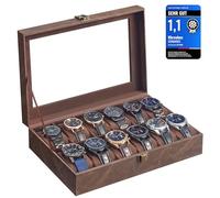 SONGMICS Uhrenbox mit 12 Fächern, Uhrenkasten, Glasdeckel, Uhrenkoffer, herausnehmbare Uhrenkissen, Metallverschluss, Geschenkidee, PU-Bezug in Kaffeebraun, Samtfutter in Kaffeebraun JWB120KQ02