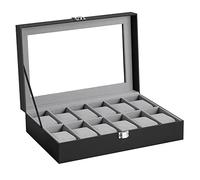 SONGMICS Uhrenbox mit 12 Fächern, Uhrenkasten, Glasdeckel, Uhrenkoffer mit herausnehmbaren Uhrenkissen, Premium-Uhrenschatulle, PU-Bezug in Schwarz, Samtfutter in Grüngrau JWB12BK