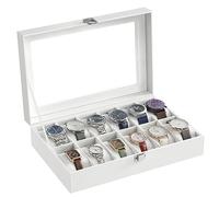 SONGMICS Uhrenbox mit 12 Fächern, Uhrenkasten, Glasdeckel, Uhrenkoffer mit herausnehmbaren Uhrenkissen, Premium-Uhrenschatulle, PU-Bezug in Weiß, Samtfutter in Weiß JWB202