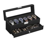 SONGMICS Uhrenbox mit 6 Fächern, Glasdeckel, herausnehmbare Uhrenkissen