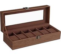 SONGMICS Uhrenbox mit 6 Fächern, Uhrenbox, Glasdeckel, abnehmbare Kissen, Schloss aus Metall, Beschichtung in Braun und Futter in Braun JWB006K01