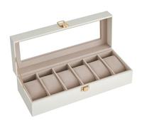 SONGMICS Uhrenbox mit 6 Fächern, Uhrenbox, Schatulle, Deckel aus Glas, abnehmbare Polster, Schloss aus Metall, Beschichtung in Wolkenweiß und Futter in Cappuccino-Beige, JWB006W01